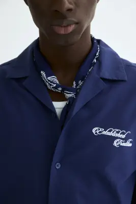 Chemise Relaxed Fit en coton avec motif brodé - Bleu foncé — photo 2