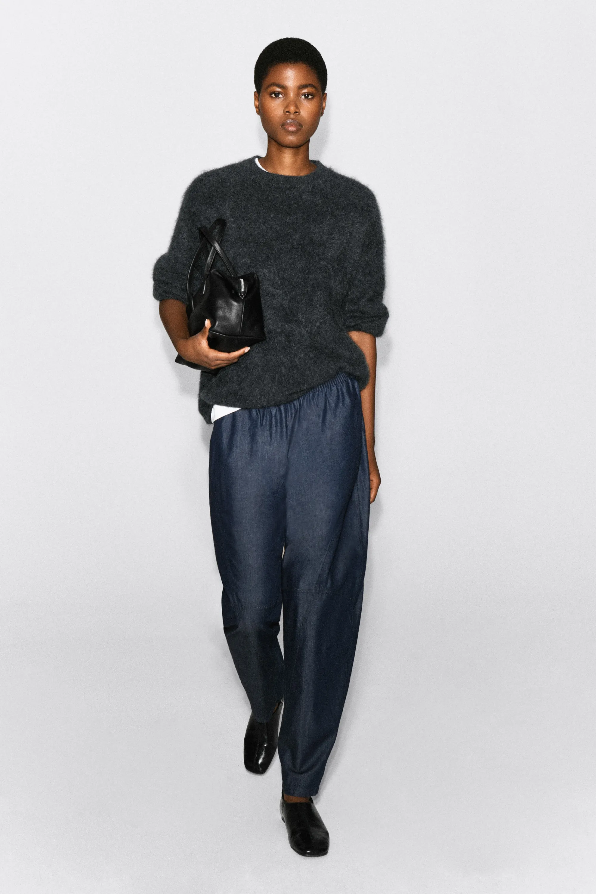 PANTALON BARREL EN DENIM À TAILLE ÉLASTIQUÉE - BLEU FONCÉ