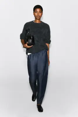 PANTALON BARREL EN DENIM À TAILLE ÉLASTIQUÉE - BLEU FONCÉ — photo 1