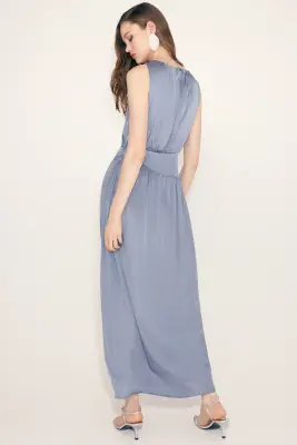 Robe froncée en satin - Bleu — photo 4