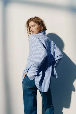 Chemise à manches dolman en lin mélangé - Bleu/rayé — photo 3
