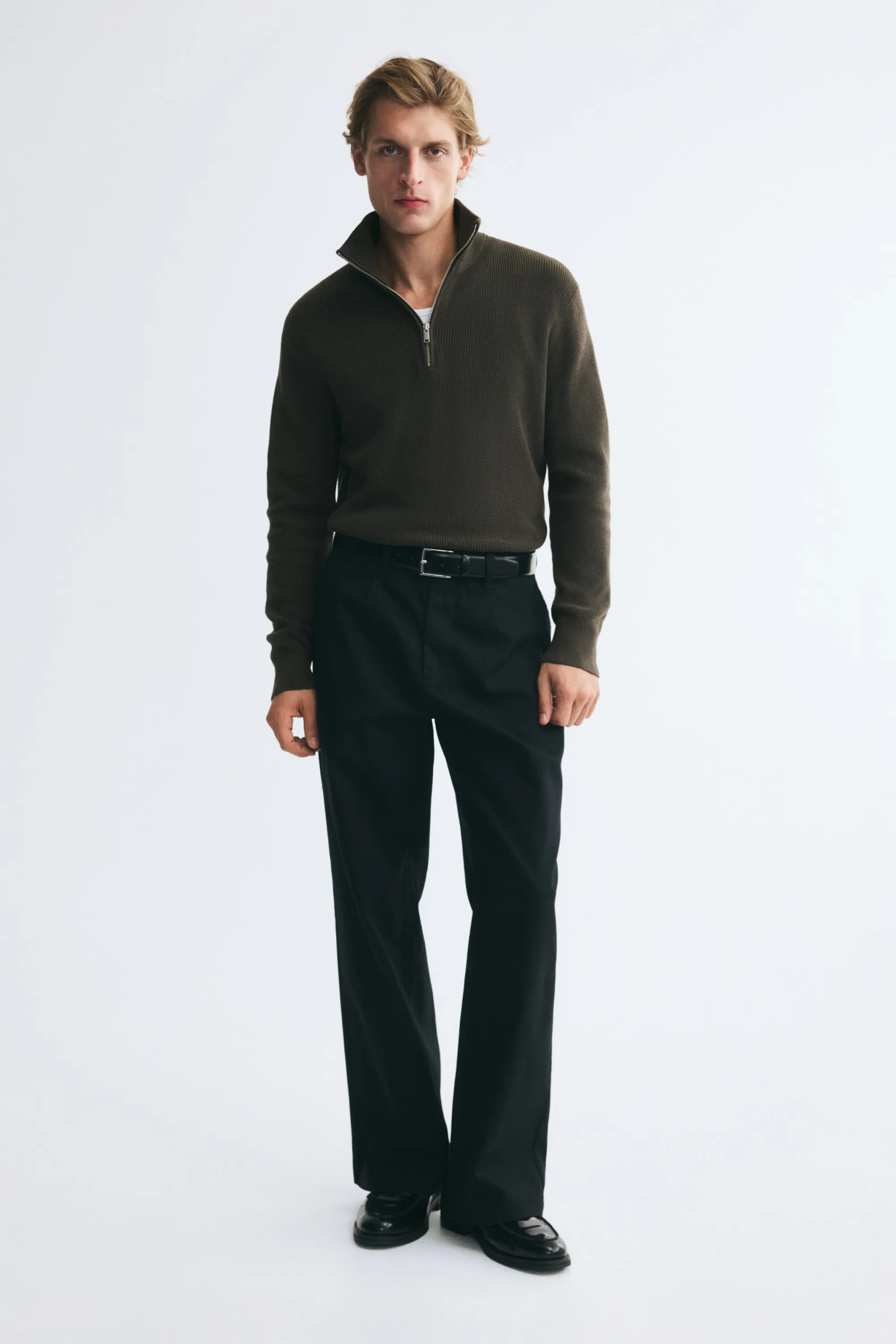 Pull Regular Fit avec col zippé - Vert foncé