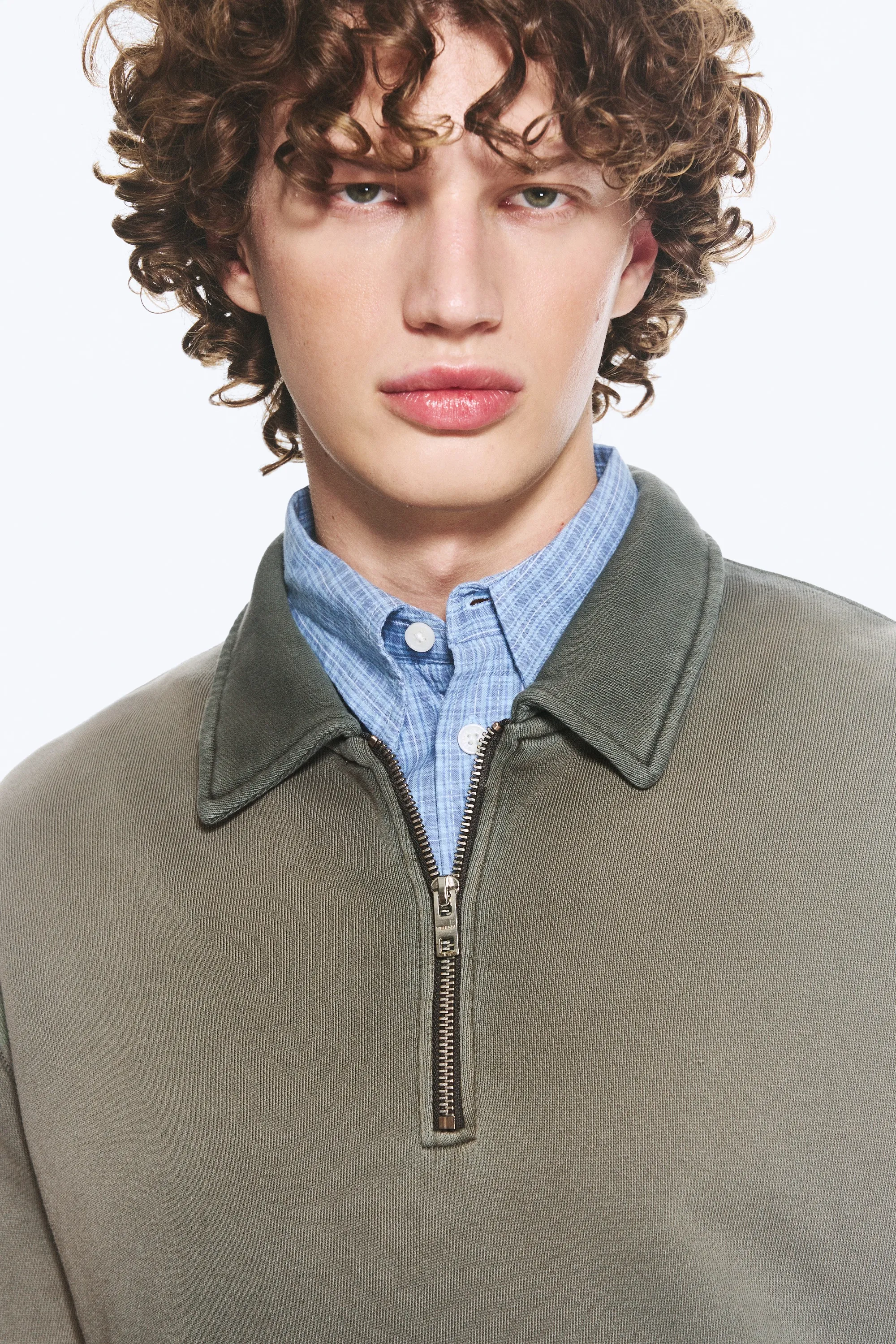 Sweat quart-zippé - Vert foncé délavé