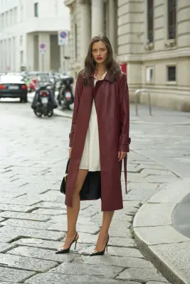 Nadine Faux Leather Trench Coat - Marsala — photo 5