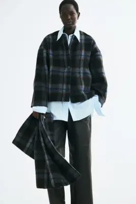 Veste brossée avec écharpe - Bleu marine/carreaux — photo 2