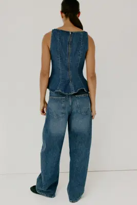 Top péplum en denim - Bleu denim foncé — photo 3