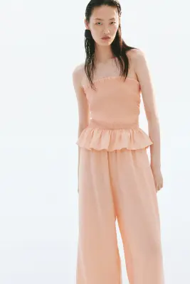 Combi-pantalon bandeau smocké - Abricot — photo 2