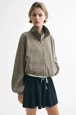 Veste en maille jacquard avec manches ballon - Beige clair/carreaux — photo 1