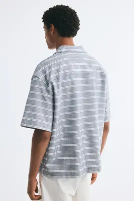 Chemise Relaxed Fit avec col cubain - Bleu ancien/rayé — photo 3