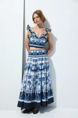 Top bustier en popeline de coton - Bleu foncé/motif — photo 2