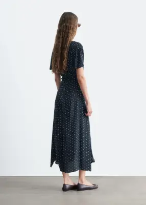 Robe froncée à col en V - Bleu foncé/À pois — photo 4