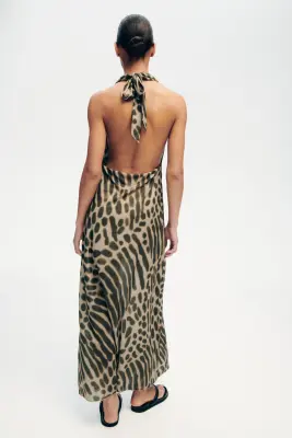 Robe maxi à encolure bénitier - Vert kaki foncé/imprimé animal — photo 3