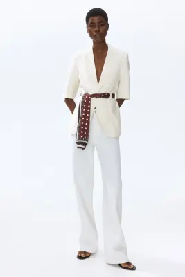 Blazer à manches courtes avec ceinture à nouer - Crème — photo 1