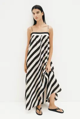 Robe trapèze avec bretelles à nouer - Noir/rayures crème — photo 1