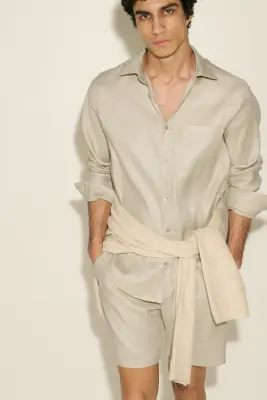 Short Easy-care Relaxed Fit en lin mélangé - Beige — photo 4
