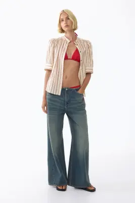 Blouse à manches bouffantes - Beige clair/rayé — photo 1