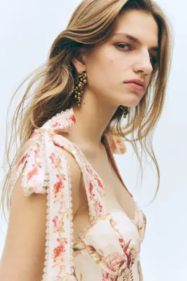 Robe en lin mélangé avec bretelles à nouer - Beige clair/fleuri — photo 2