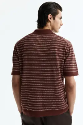 Polo Regular Fit en lin mélangé - Marron/rayé — photo 3