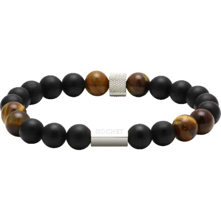 ROCHET - Bracelet Zen perles Ø8mm agate noires / quartz oeil de tigre / acier moleté B28600103
