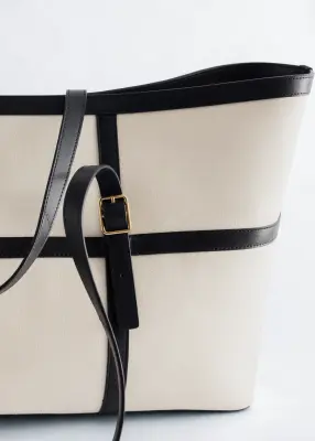 Sac cabas en toile à bordures en cuir - Blanc/Noir — photo 2