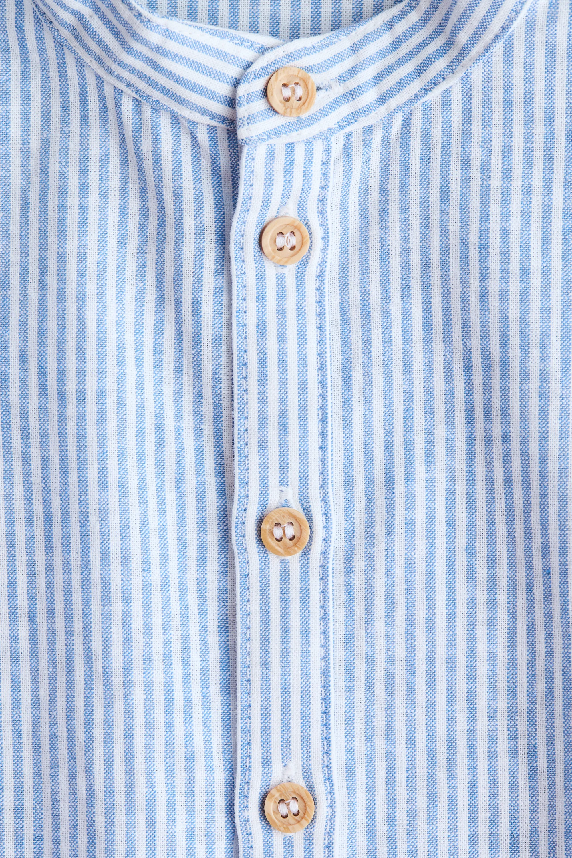 Chemise en lin mélangé avec col sans rabat - Bleu clair/rayures blanches