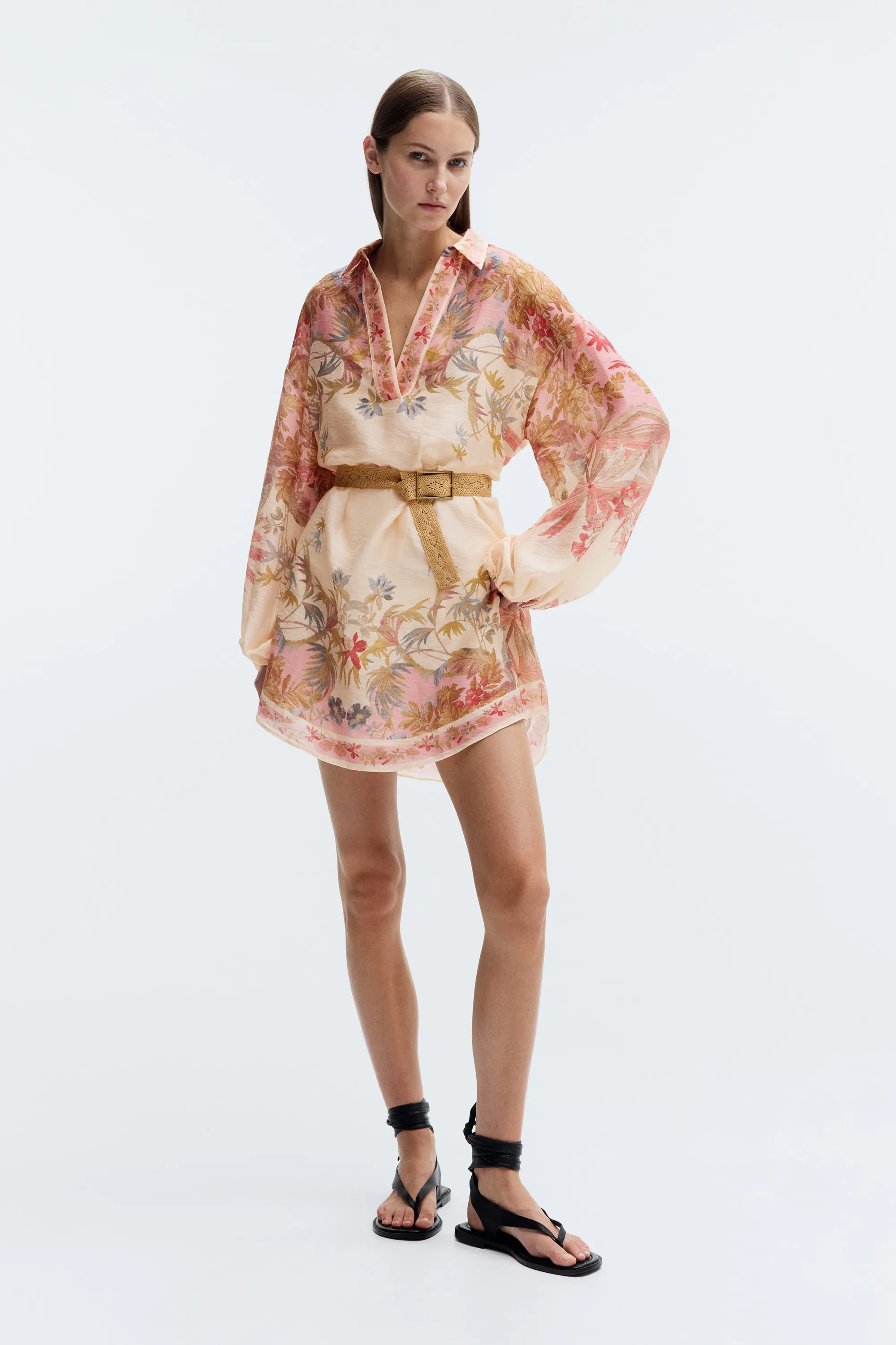 Robe tunique en lin mélangé - Beige ancien clair/fleuri