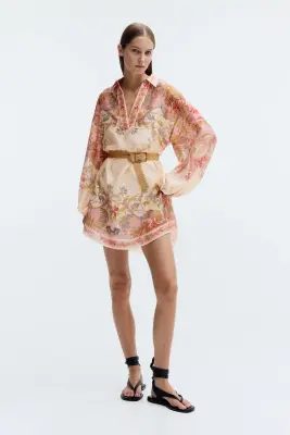 Robe tunique en lin mélangé - Beige ancien clair/fleuri — photo 1