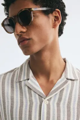 Chemise Regular Fit en coton avec col cubain - Bleu clair/rayé — photo 2