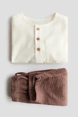 Ensemble 2 pièces en coton - Marron/blanc — photo 2