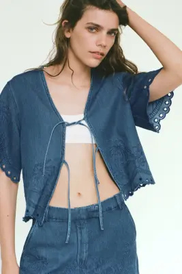 Blouse brodée en denim - Bleu denim foncé — photo 1