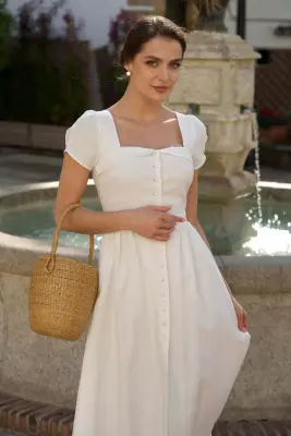 Estelle Button Down Linen Dress - White — photo 2
