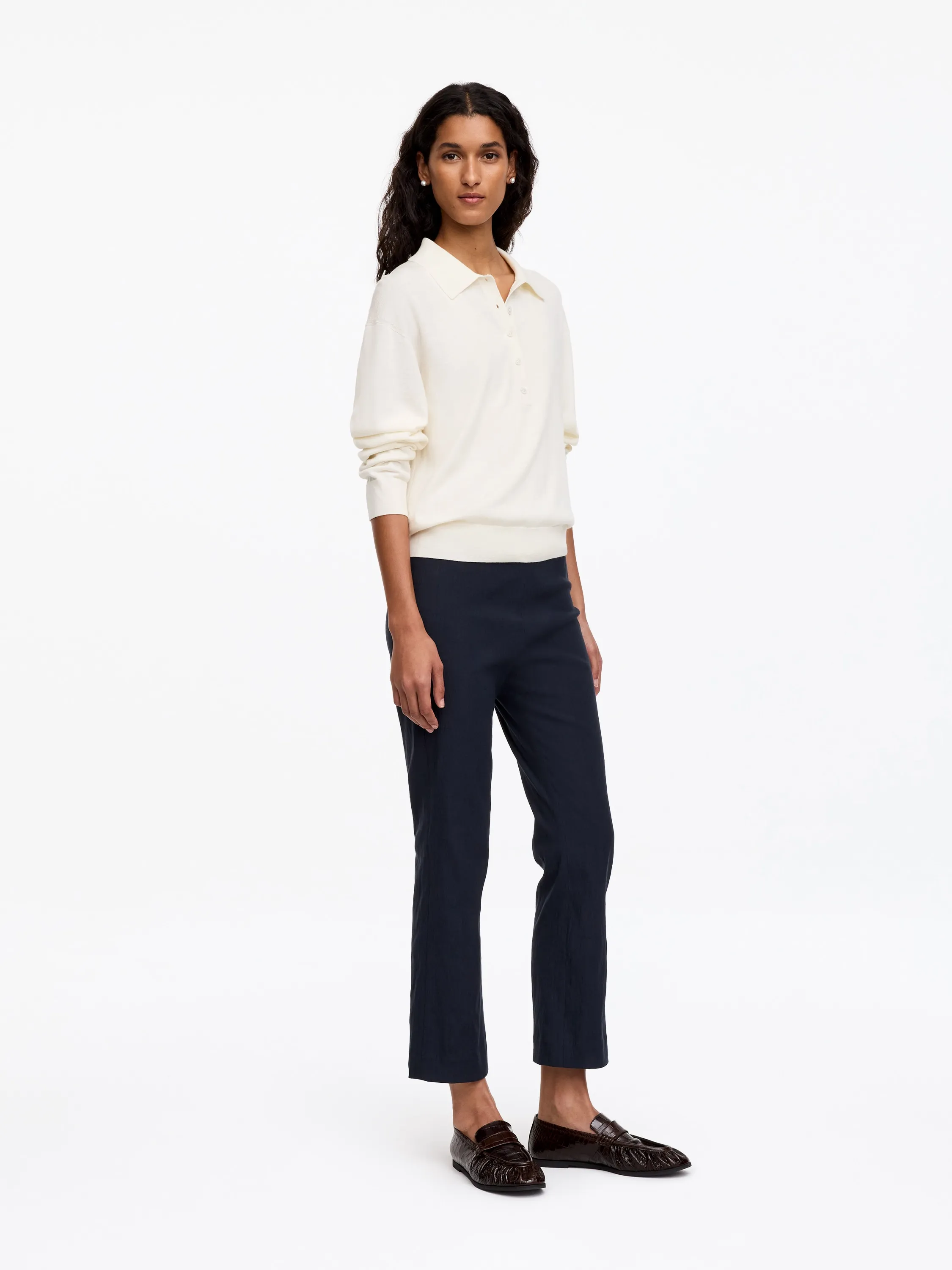Pantalon évasé raccourci en lin et coton - Bleu foncé