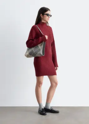Robe côtelée à col montant - Rouge foncé — photo 4