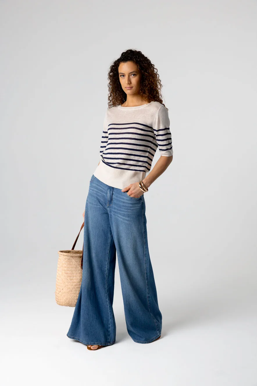 Pull Blue Moon Rayé Col Rond Manches Coudes en Lin