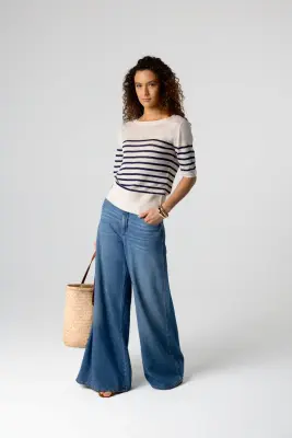 Pull Blue Moon Rayé Col Rond Manches Coudes en Lin