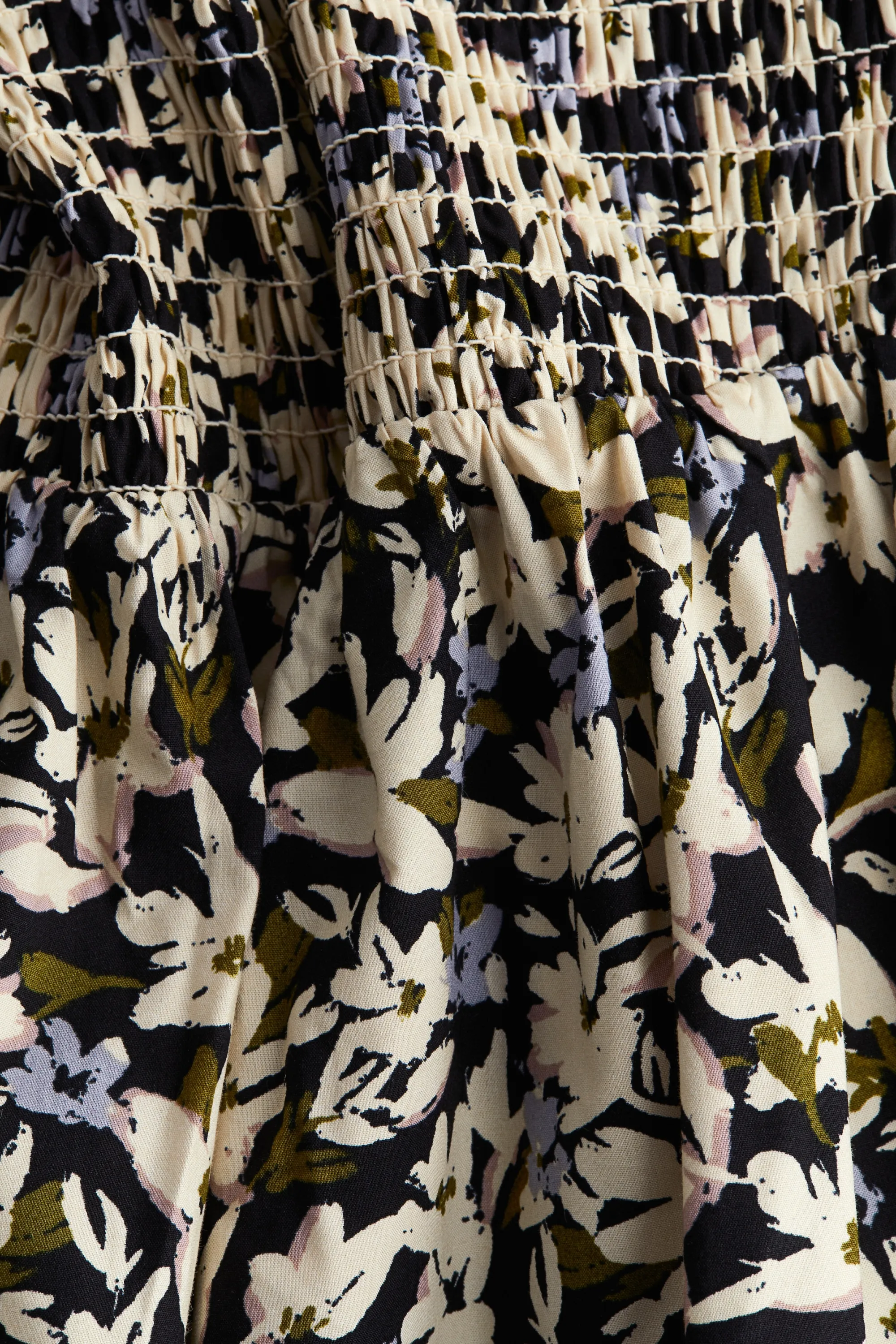 Robe épaules nues smockée - Noir/fleuri