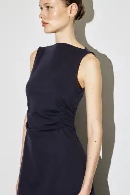 ROBE MIDI EN JERSEY DE COTON À TAILLE FRONCÉE - BLEU MARINE — photo 2