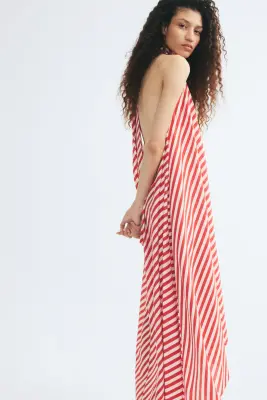 Robe trapèze avec détail à nouer - Rouge/rayé — photo 2
