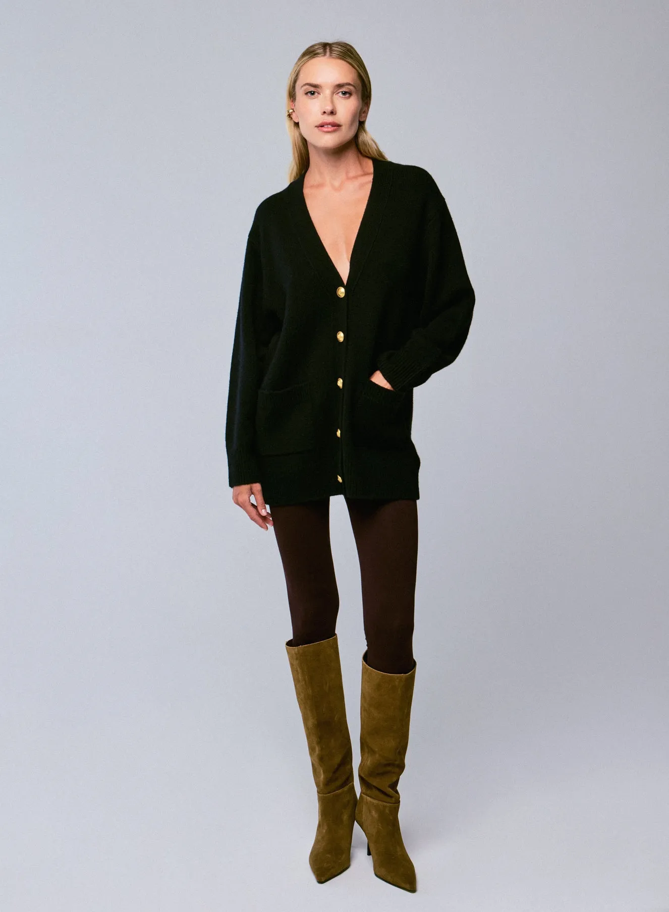 Gilet Noir Col V Manches Longues en Laine / Cachemire