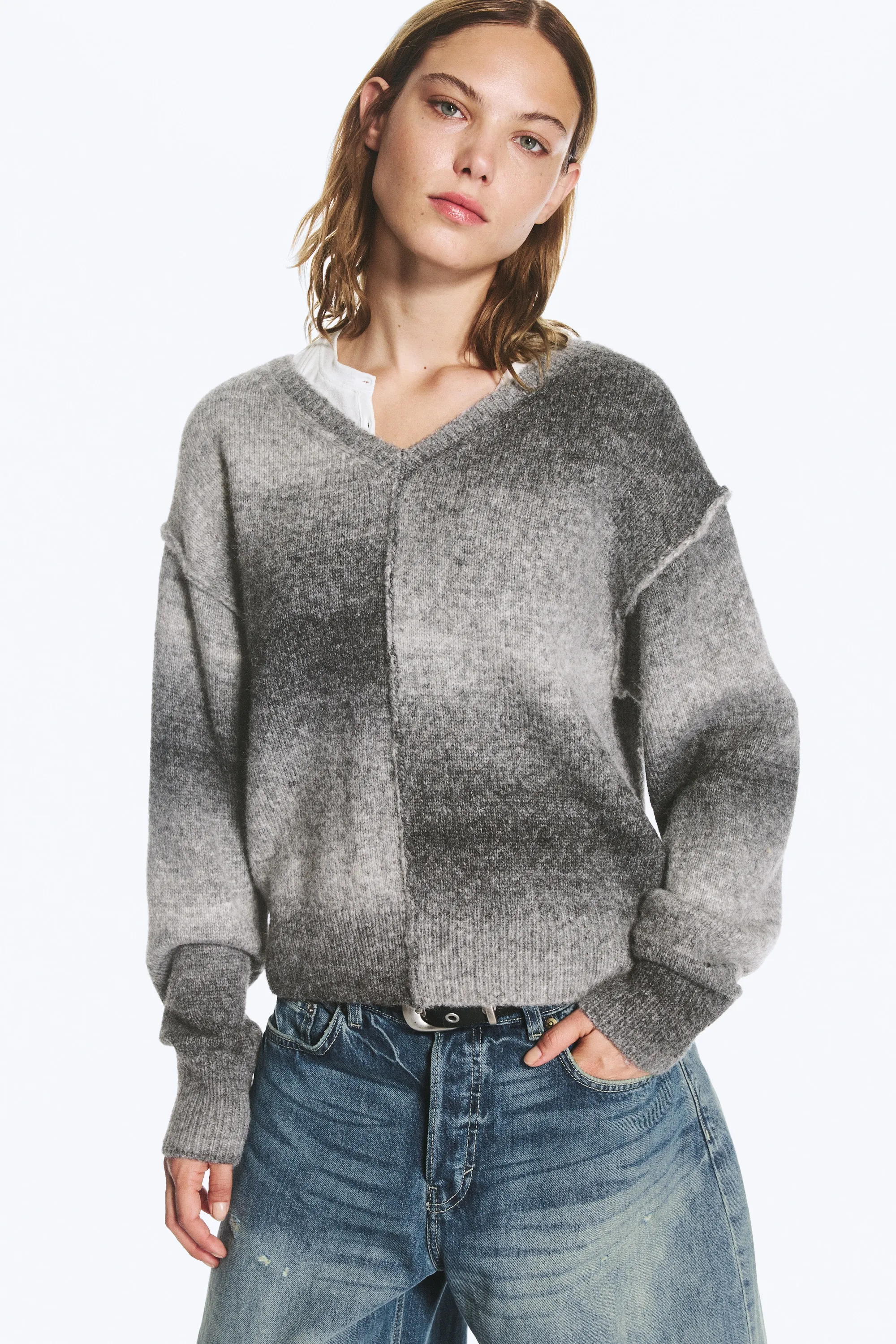 Pull en maille col V chiné - Gris chiné