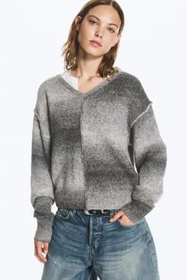 Pull en maille col V chiné - Gris chiné — photo 1