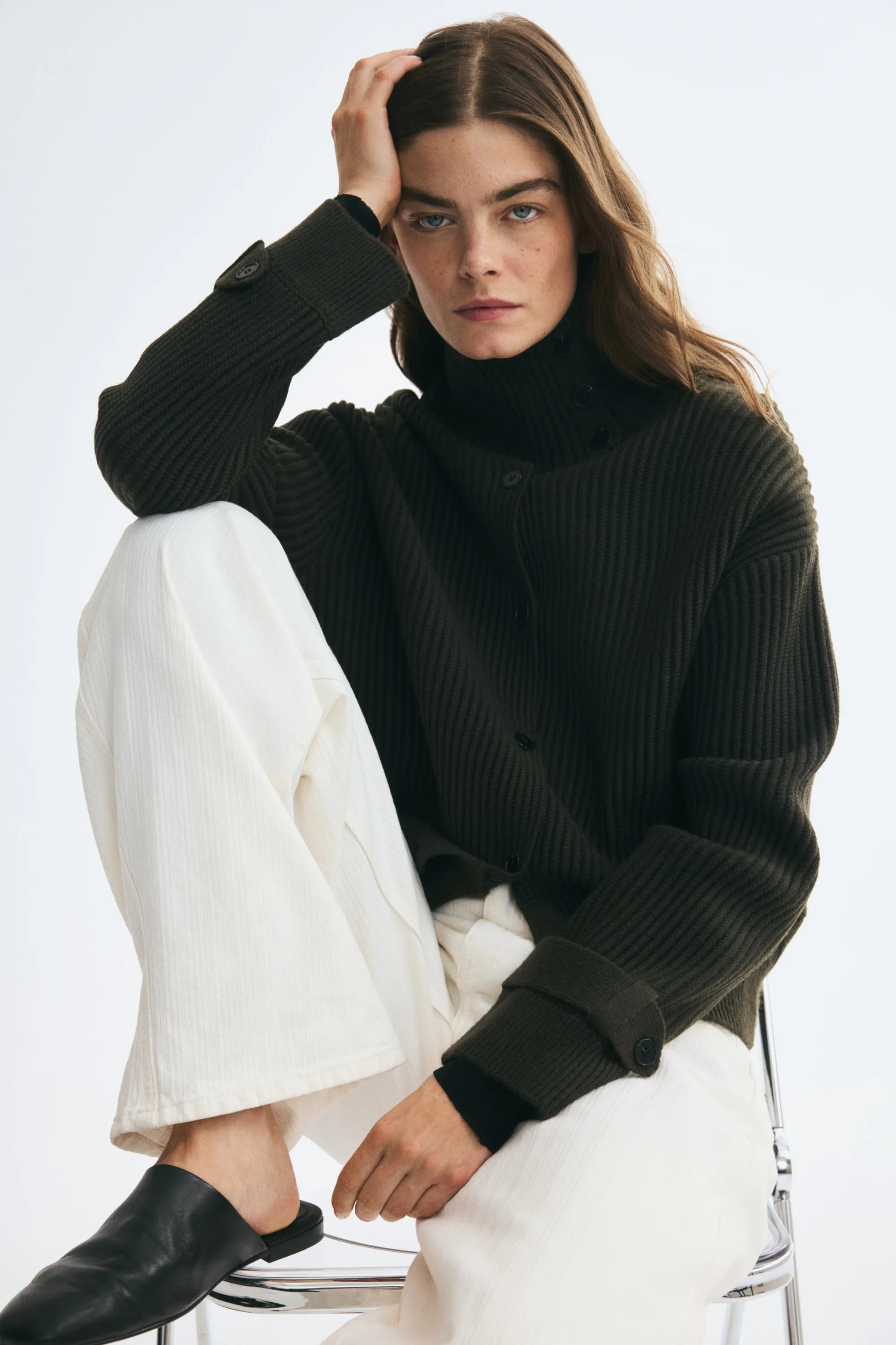 Gilet à col cheminée avec boutons - Vert foncé