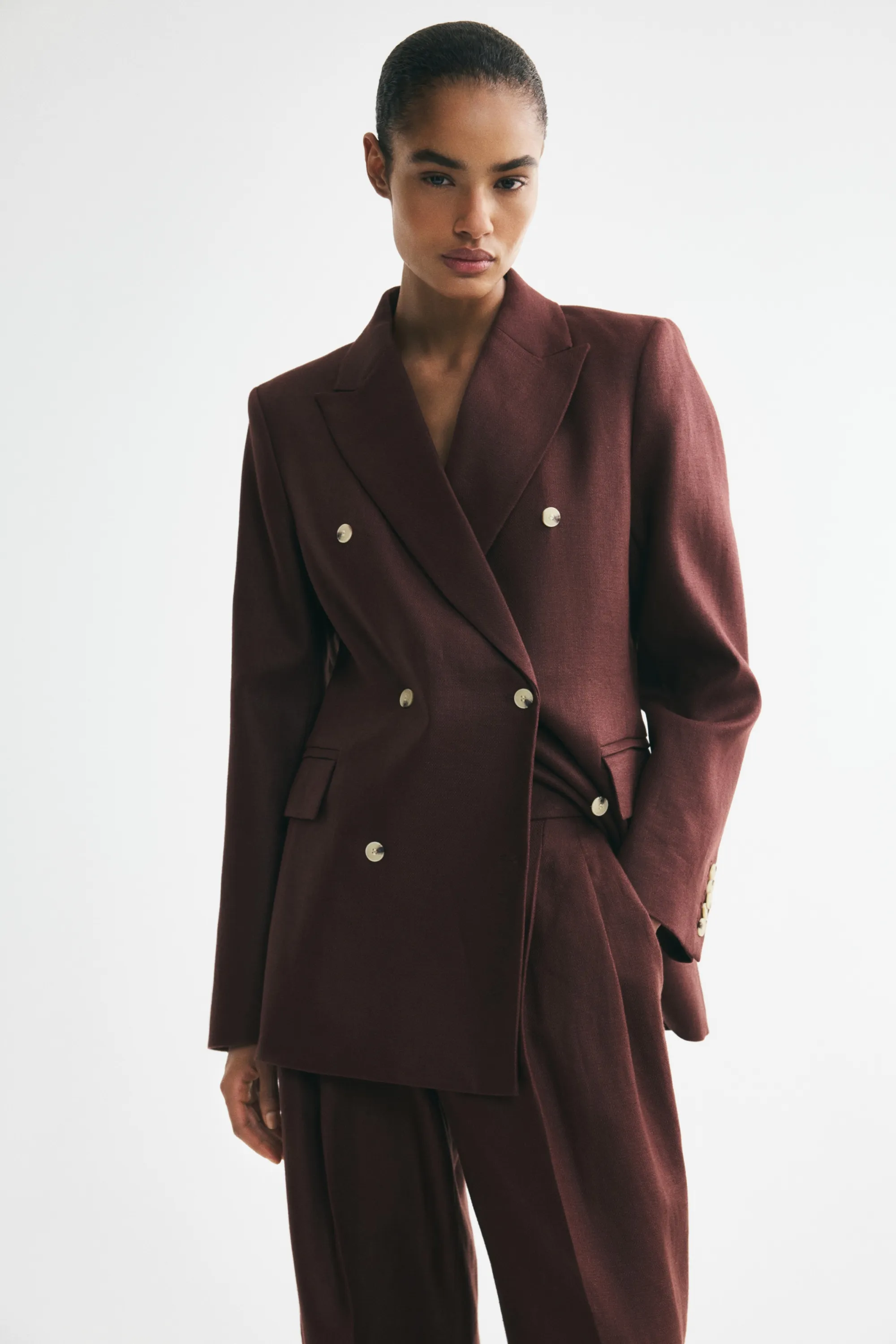 Blazer en lin à fermeture croisée - Marron foncé
