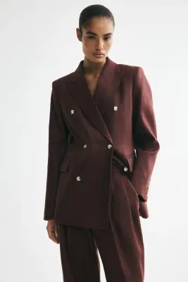 Blazer en lin à fermeture croisée - Marron foncé — photo 1