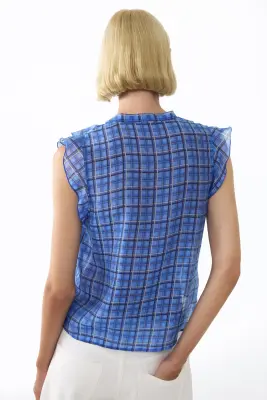 Blouse volantée avec col cravate - Bleu/carreaux — photo 3