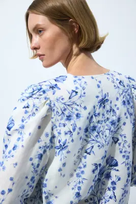 Blouse en lin mélangé - Bleu moyen/fleuri — photo 3
