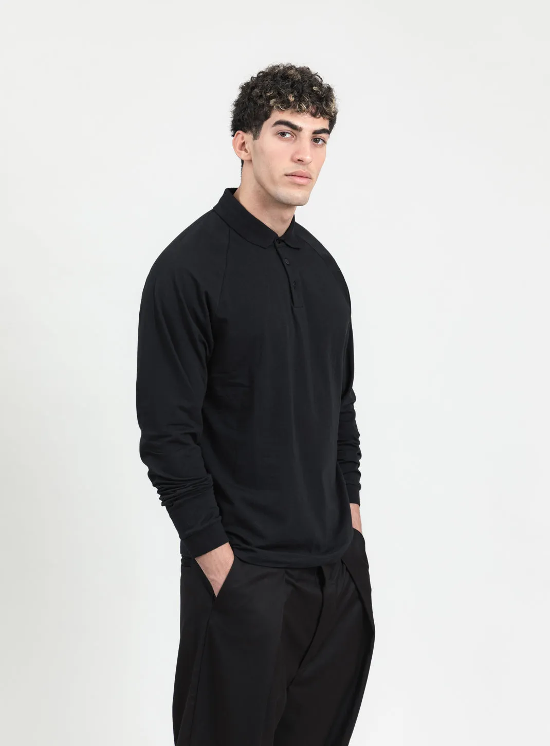 Polo Sweatshirt in Black Cotton & Elastane
