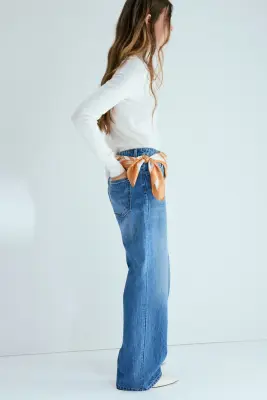 Straight High Waist Jeans avec foulard - Bleu denim/orange — photo 3