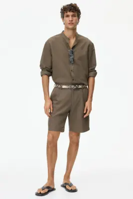 Short Relaxed Fit en lin mélangé - Marron — photo 1