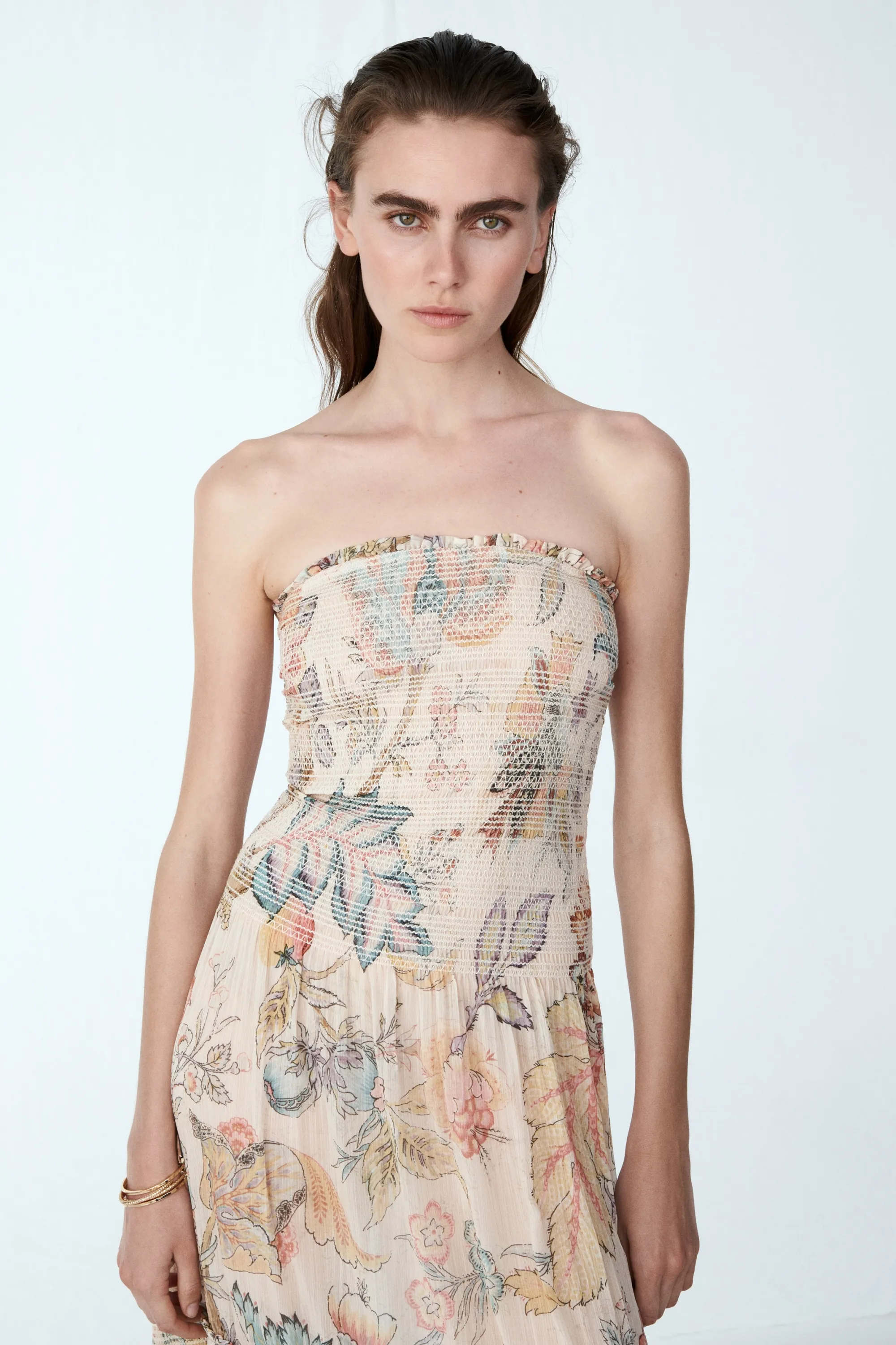Robe bandeau smockée - Beige clair/motif